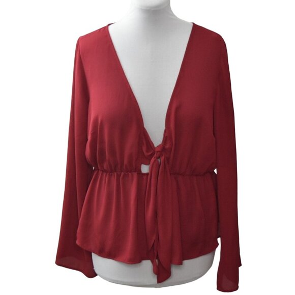 Forever 21 Plus Blouse Womens 1X Surplice Peplum Tie Front Long Sleeve - Picture 1 of 6